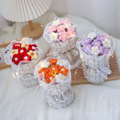 Wool Knitted Bouquet Simulation Puff Flower Classic Style Hand Bouquet Fabric Knitted Flower Bouquet