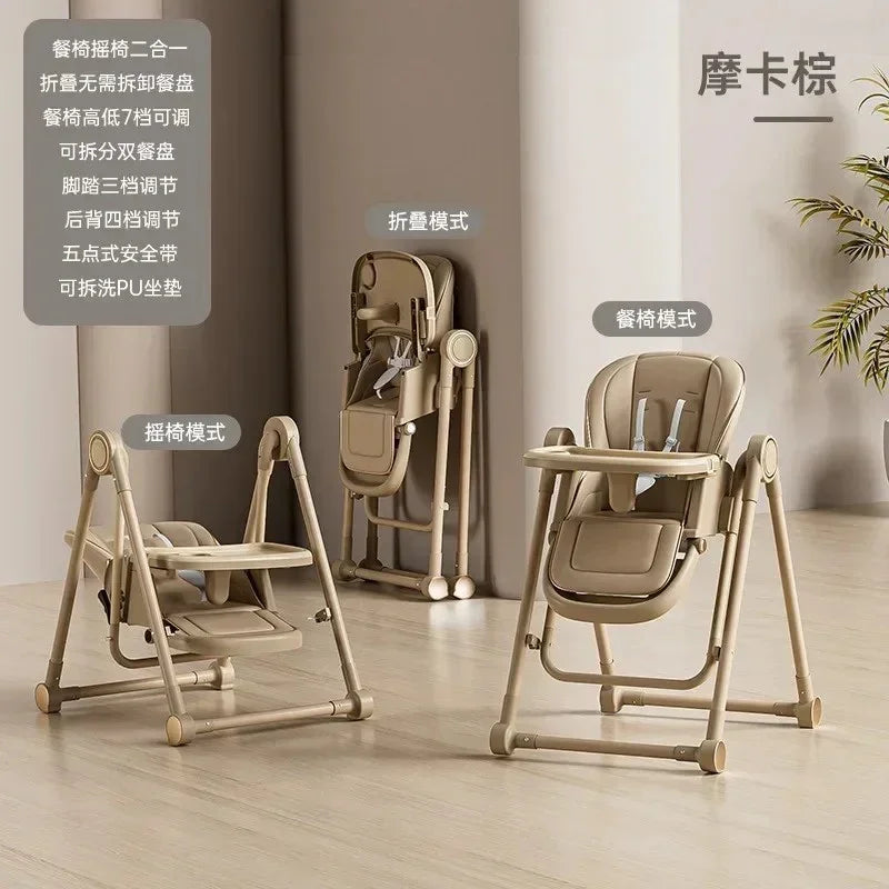 Beige multifunctional baby high chairs showing rocking, dining, and folded modes in a minimalist room