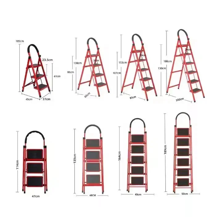 Red folding step ladders with black steps and handle, shown in different heights and dimensions
