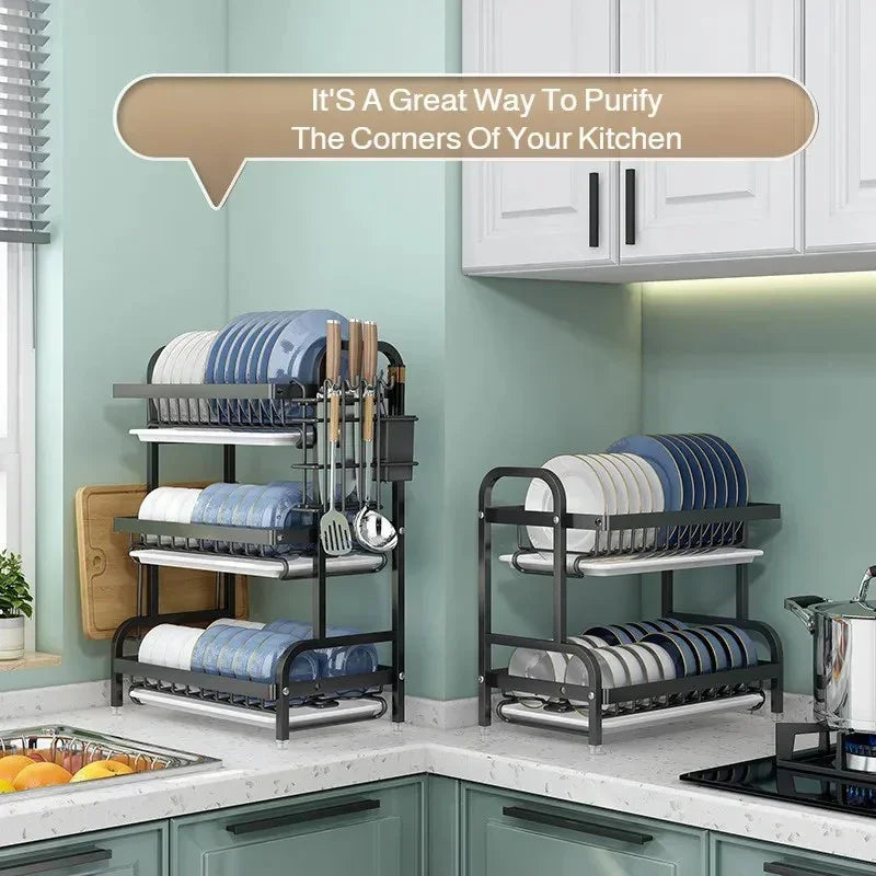 Multi-Functional Kitchen Storage Rack Dish Plate Organizer with Drainage Rack Countertop Utensil Holder for Chopsticks