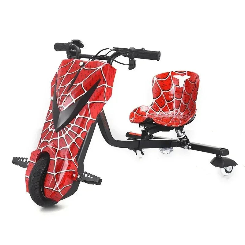Red and black electric drift trike with spider web design and single front wheel