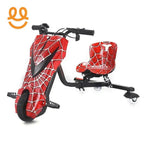 Red and black electric drift trike with spider web design and single front wheel