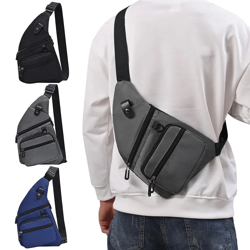 Men's casual sling bags in black, gray, and blue with multiple zippered pockets worn crossbody