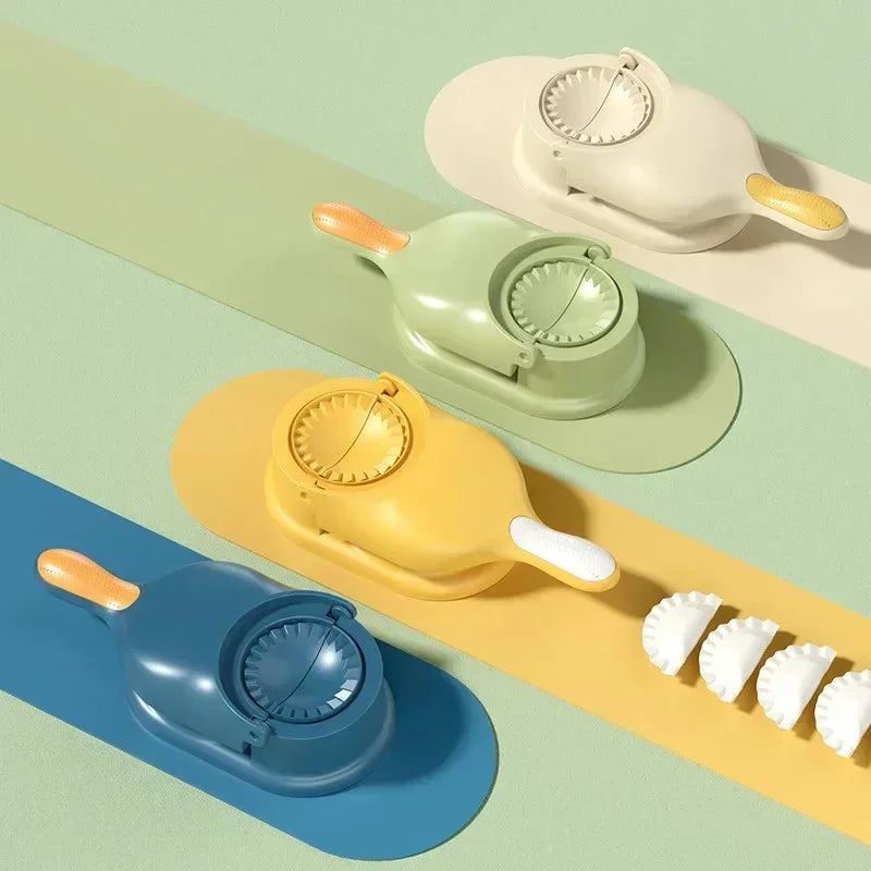 Colorful plastic dumpling makers in blue, yellow, green, and white with patterned handles on striped background with dumplings