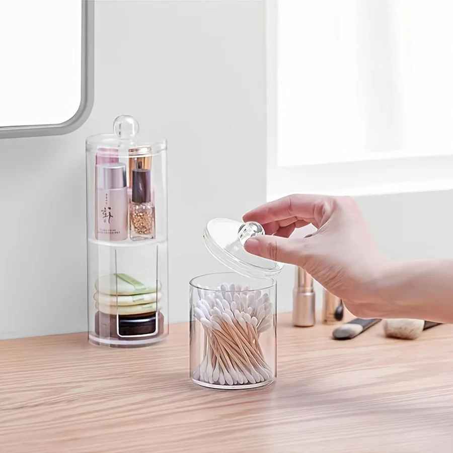 Transparent Stackable Acrylic Cotton Pad Holder, 2 In 1 Cotton Pad Storage, Upper and lower combined storage box