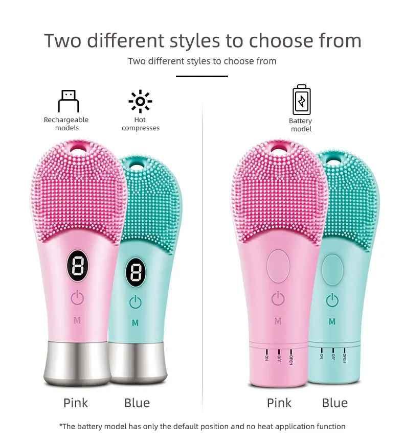 Rechargeable and battery-powered pink and blue silicone facial cleansing brushes with LED display and hot compress feature