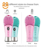 Rechargeable and battery-powered pink and blue silicone facial cleansing brushes with LED display and hot compress feature