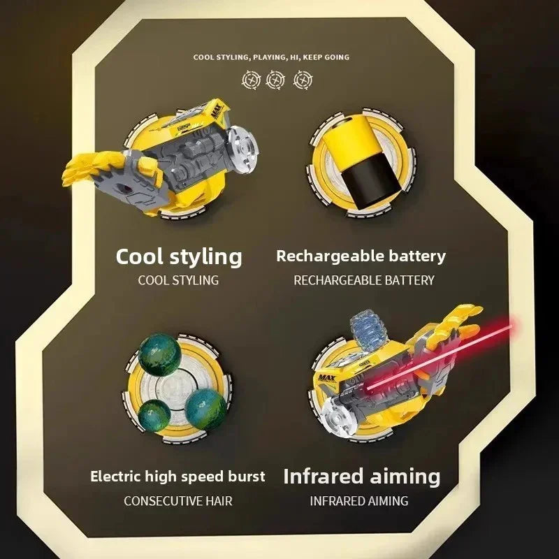 Yellow robotic glove features cool styling, rechargeable battery, electric high speed burst, and infrared aiming