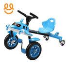Blue airplane-themed kids tricycle with pedals, rear swivel caster wheels, and ergonomic seat