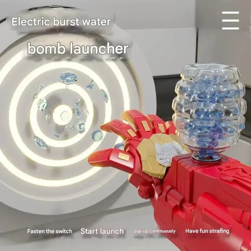 Red and gold electric water bomb launcher toy shooting water bubbles at circular target indoors