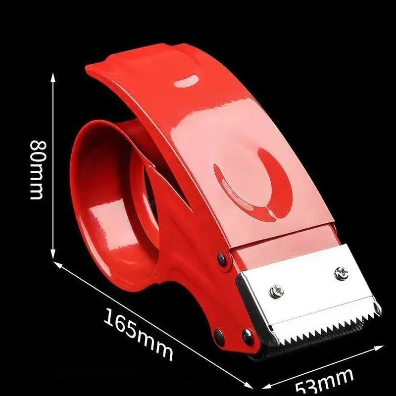 Red handheld tape dispenser with sharp metal cutting blade and dimensions 165x80x53mm on black background