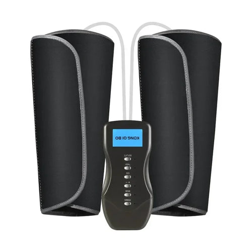 Black electric muscle stimulator leg wraps with digital control unit and blue display