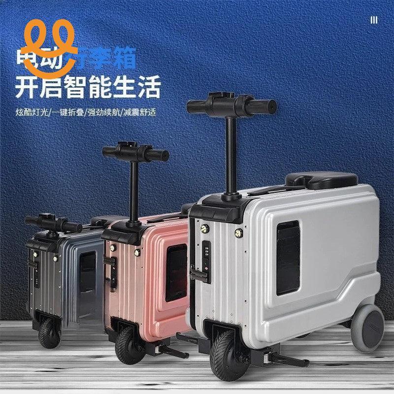 Three electric smart suitcases in silver, pink, and dark gray with handlebars and wheels on wooden floor