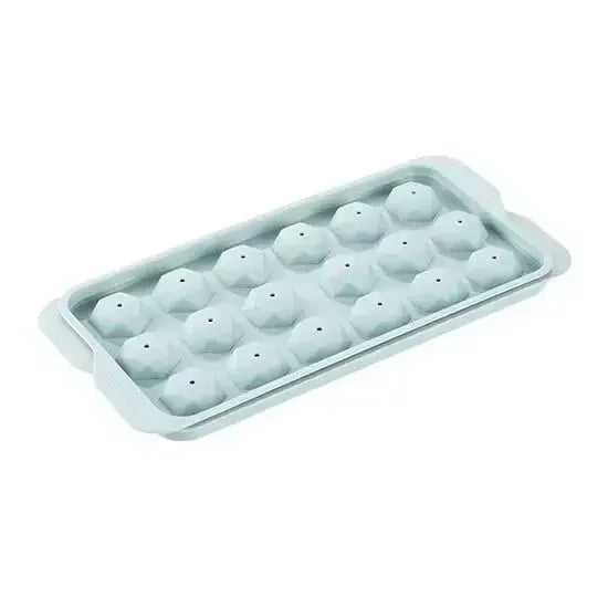 white silicone ice cube tray with 15 geometric-shaped compartments and handles
