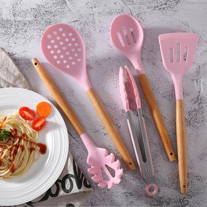 Food Grade Silicone Kitchen Cooking Utensils Practical Cooking Tools Turner Spatula Spoon With Wooden Handle Kitchenware
