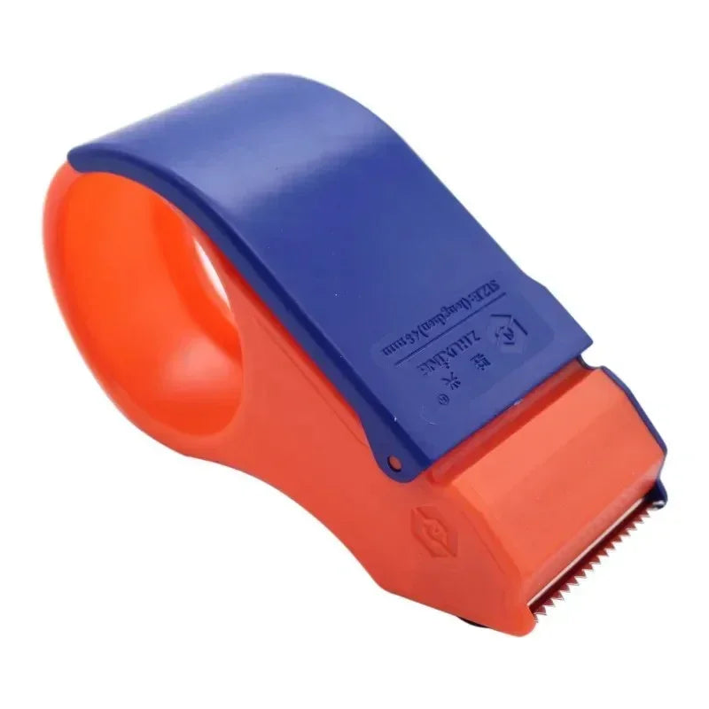 Red and blue heavy-duty tape dispenser with serrated blade for cutting packing tape