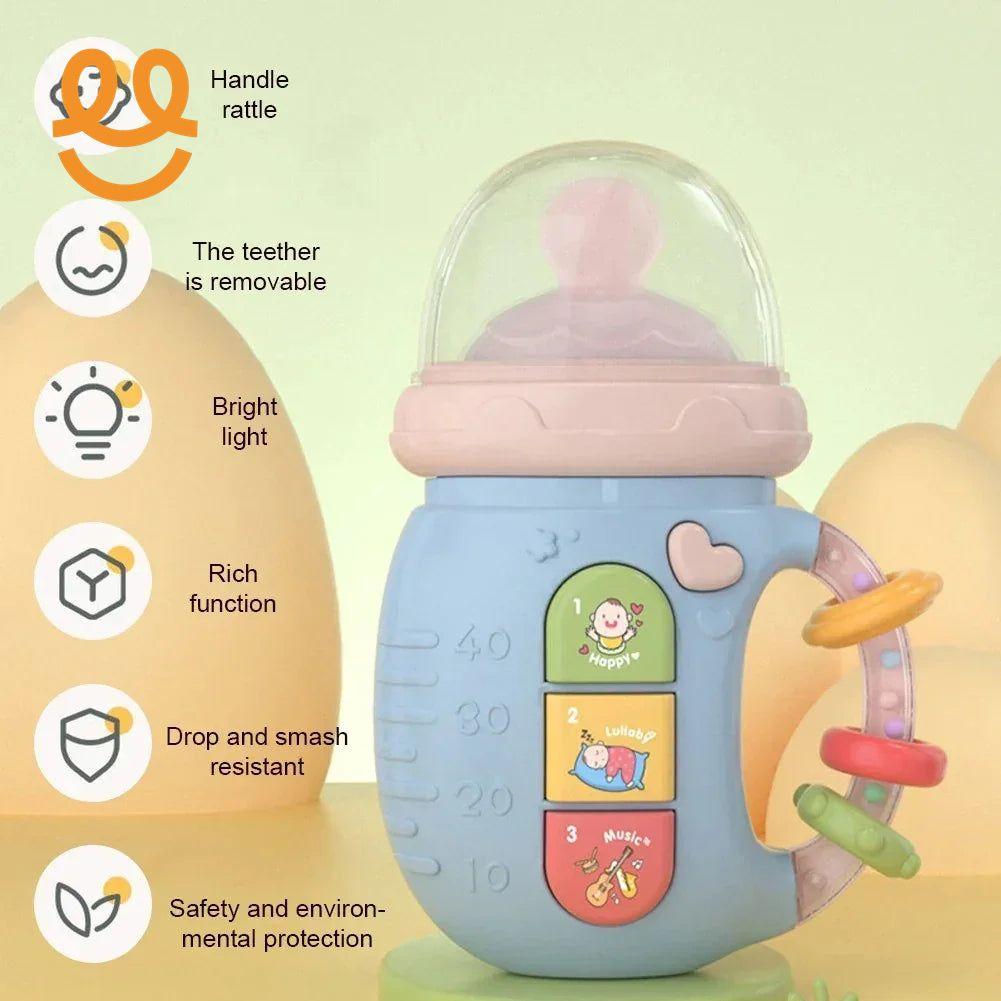 Blue baby bottle with removable teether, handle rattle, bright light, and music buttons