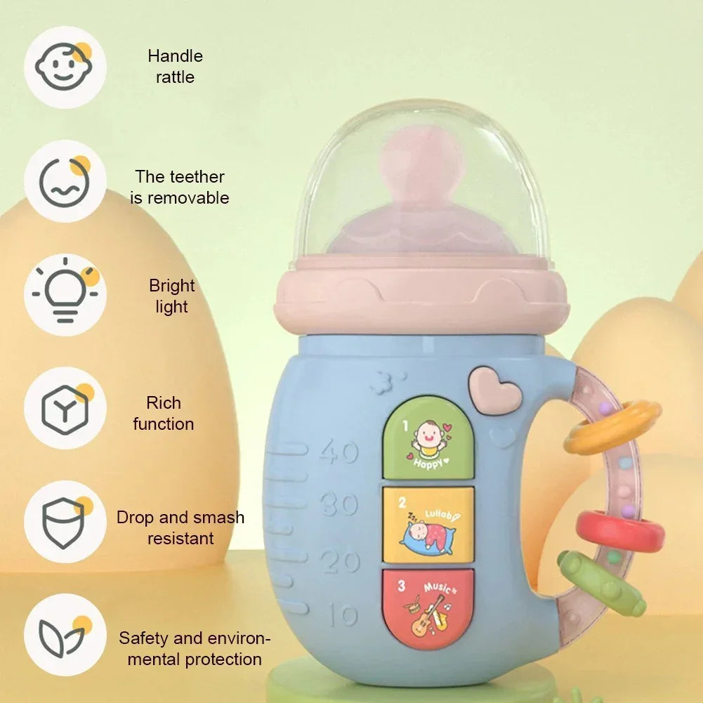 Blue baby bottle with removable teether, handle rattle, bright light, and music buttons