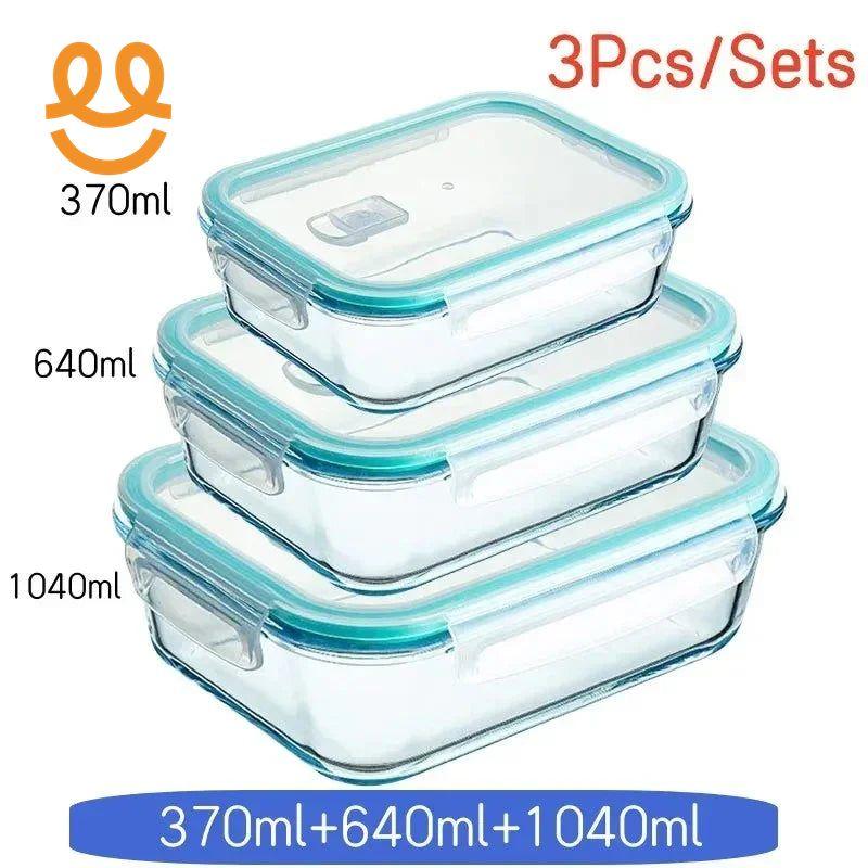 Set of 3 rectangular glass food storage containers with blue airtight lids, sizes 370ml, 640ml, and 1040ml