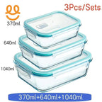 Set of 3 rectangular glass food storage containers with blue airtight lids, sizes 370ml, 640ml, and 1040ml