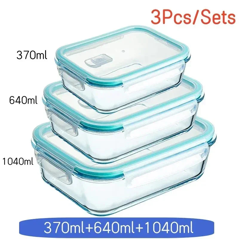 Set of 3 rectangular glass food storage containers with blue airtight lids, sizes 370ml, 640ml, and 1040ml