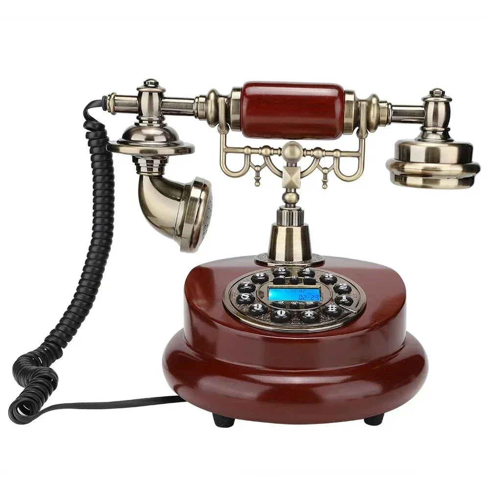 vintage retro rotary dial telephone with brown base and brass handset, digital display