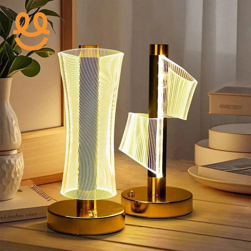 Modern LED decorative table lamps with golden bases and unique spiral and curved light designs on wooden surface