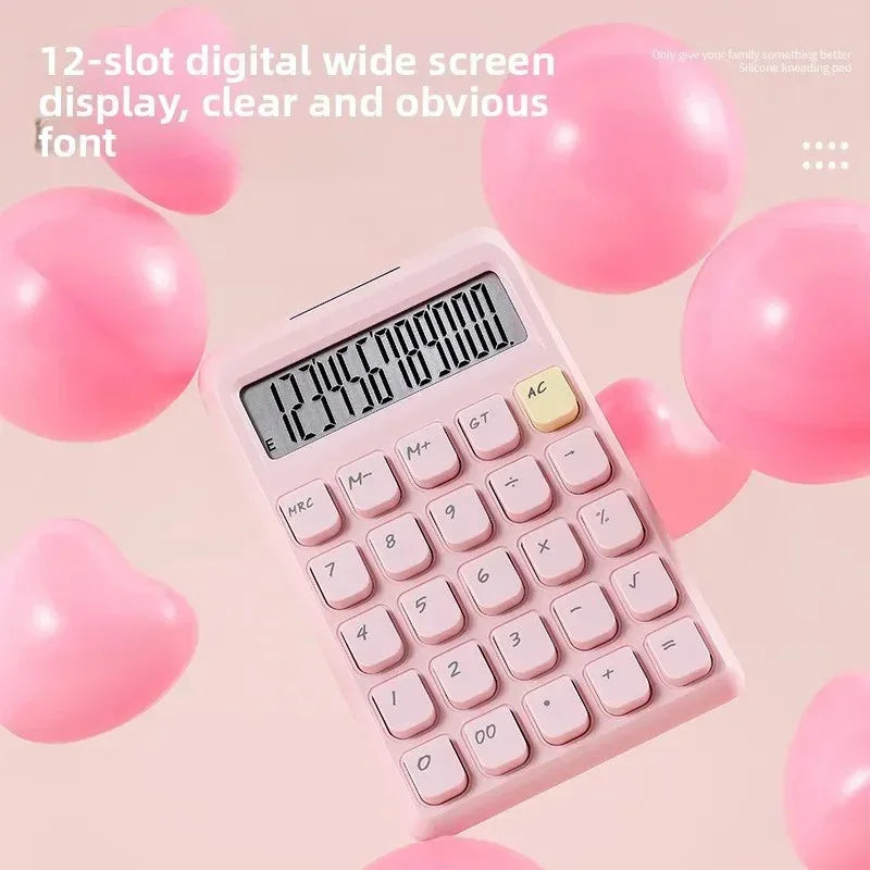 Pink calculator with 12-digit wide screen display surrounded by pink balloons on light pink background