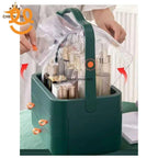 Green multi-tiered cosmetic organizer with clear lid holding various skincare bottles and makeup products