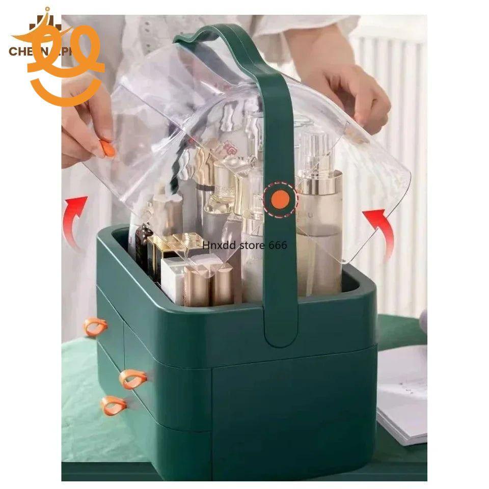 Green multi-tiered cosmetic organizer with clear lid holding various skincare bottles and makeup products