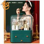 Woman applying lipstick behind a green cosmetic organizer filled with skincare and makeup products