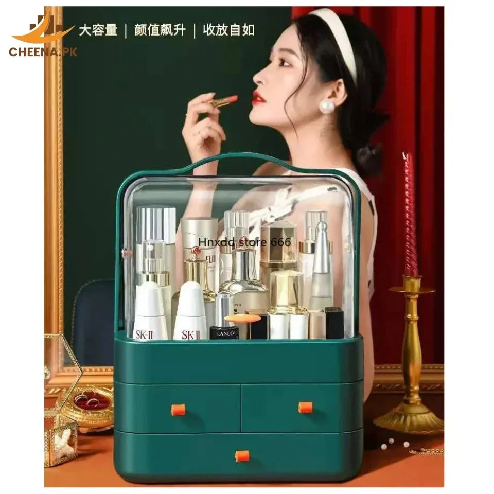 Woman applying lipstick behind a green cosmetic organizer filled with skincare and makeup products
