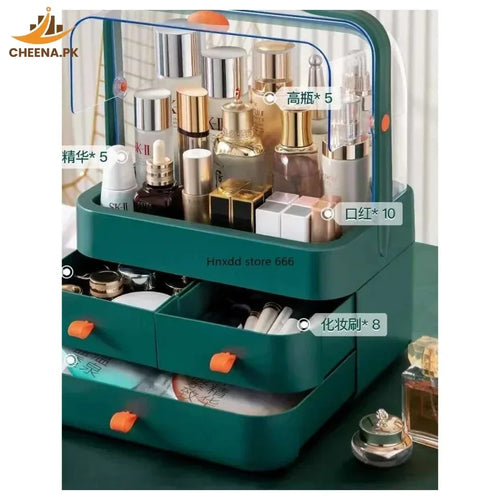 green cosmetic organizer with clear lid holding skincare bottles, lipsticks, brushes, and drawers with makeup items