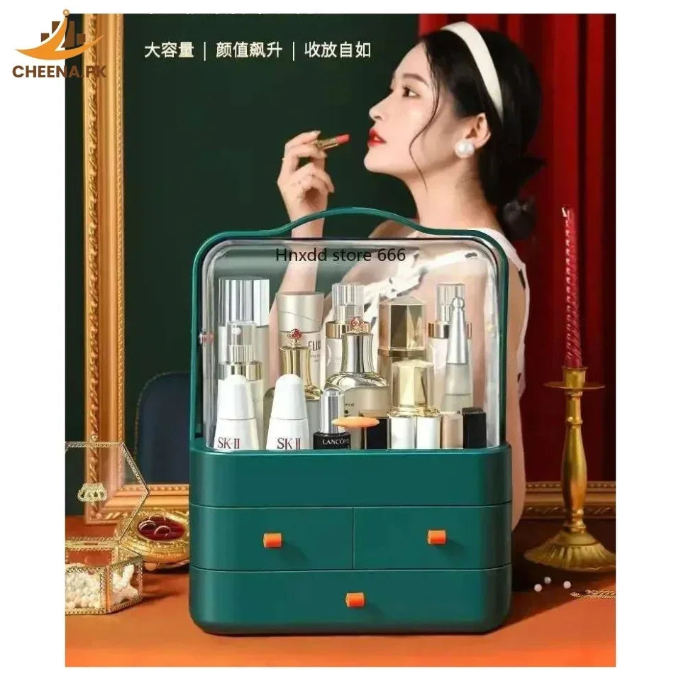 Green makeup organizer with skincare bottles and cosmetics, backdrop of woman applying lipstick