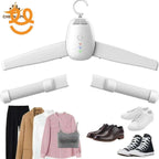 White electric clothes dryer hanger with dual extendable hoses, displayed with men's and women's casual and formal shoes and outfits