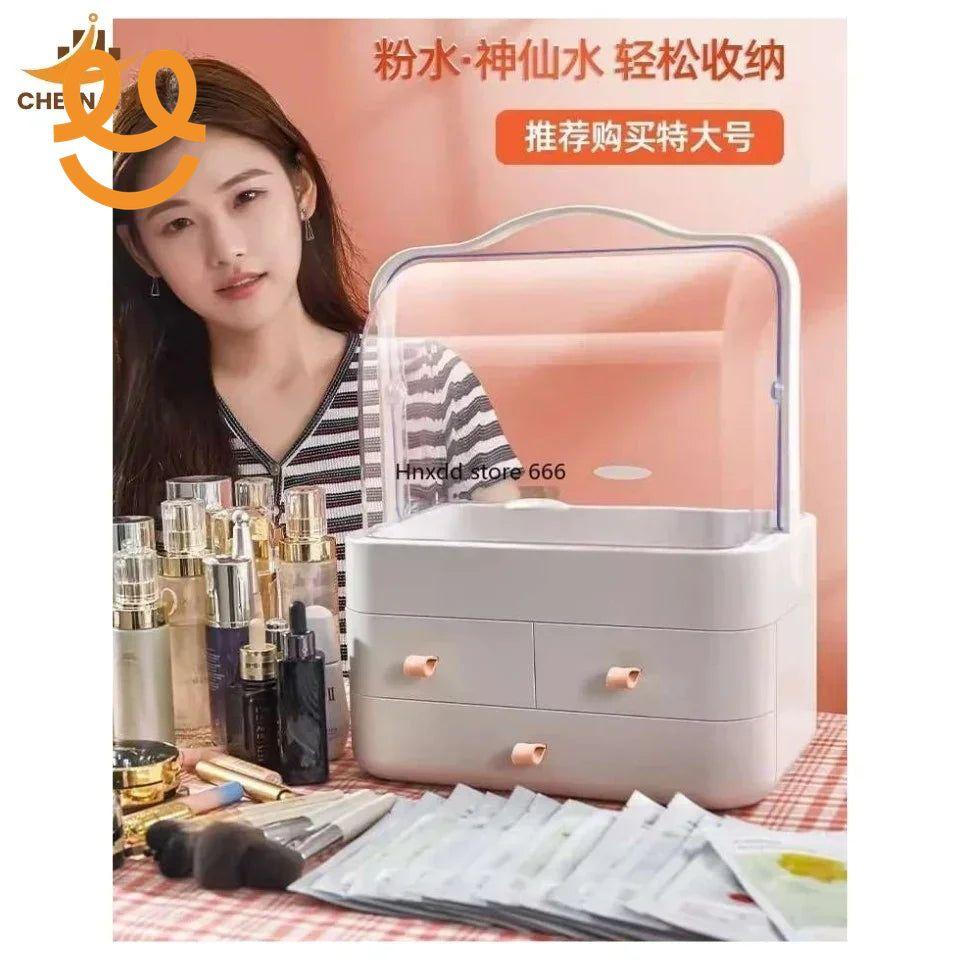 Cosmetic organizer box with drawers on table surrounded by skincare bottles and makeup, woman in background