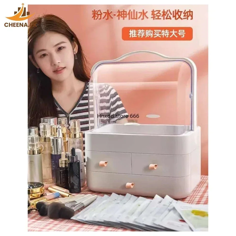 Cosmetic organizer box with drawers on table surrounded by skincare bottles and makeup, woman in background