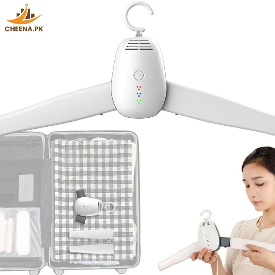 White electronic clothes hanger with drying and sterilizing functions beside packed suitcase and woman holding hanger