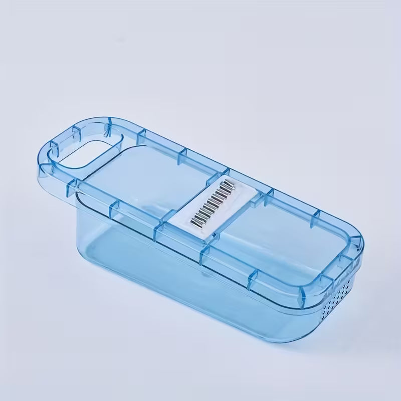 Blue transparent rectangular plastic container with built-in grater and handle