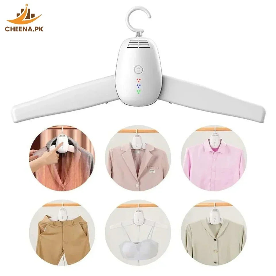 White electric clothes hanger with LED indicators and hook, shown with various garments including blazer, shirt, pants, and bra