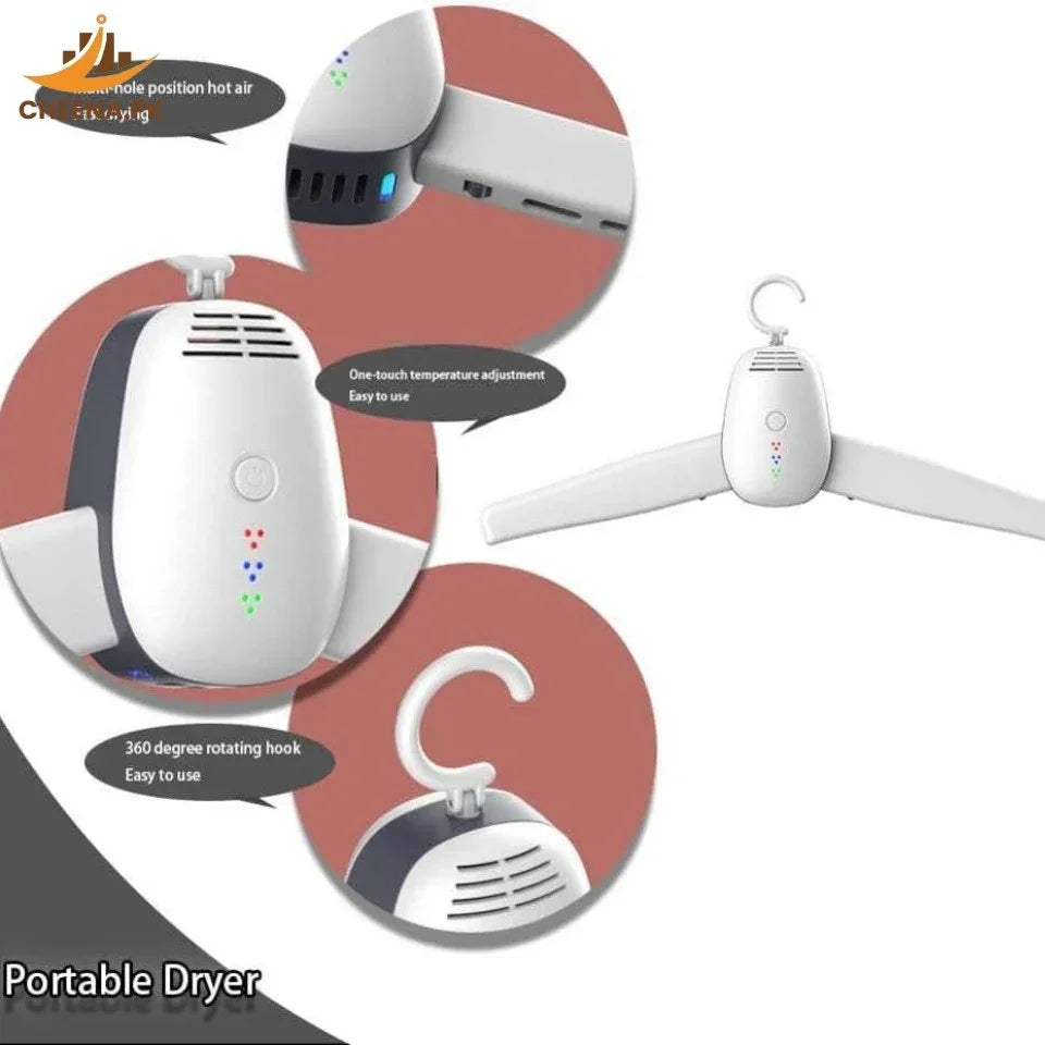 White portable clothes dryer hanger with one-touch temperature control and 360-degree rotating hook
