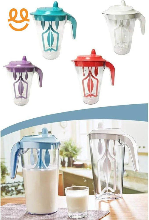 Set of colorful plastic pitchers with attached mixing spoons, shown in kitchen setting with milk
