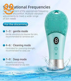 Aqua silicone facial cleansing brush with digital display and 9 vibration modes for sensitive, daily, and oily skin