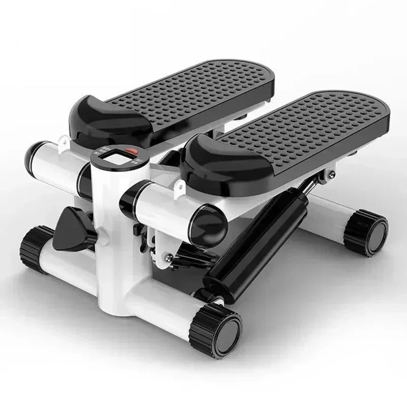 Compact black and white mini stepper exercise machine with digital monitor and resistance tubes