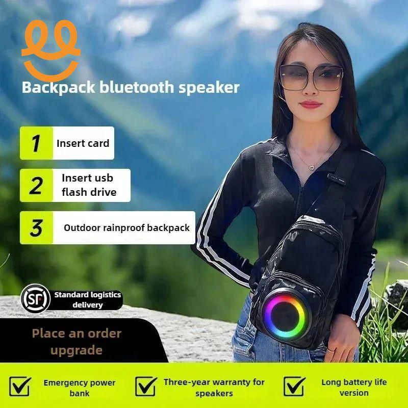 Young woman wearing outdoor rainproof backpack with rainbow Bluetooth speaker, sunglasses, and casual outfit