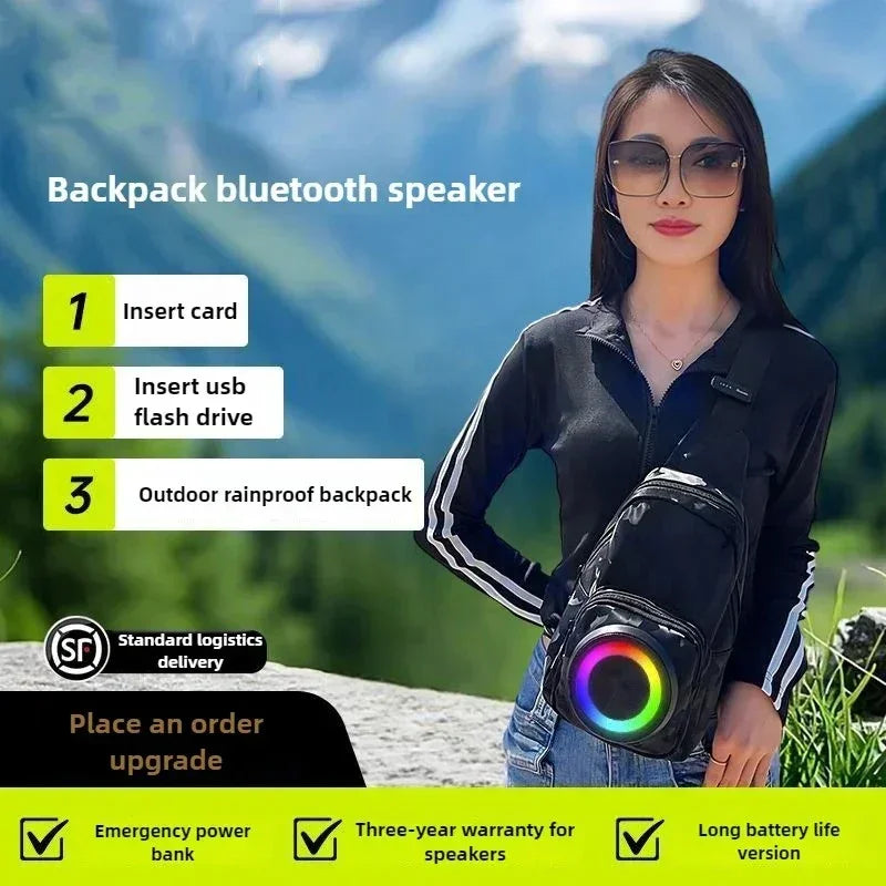 Young woman wearing outdoor rainproof backpack with rainbow Bluetooth speaker, sunglasses, and casual outfit