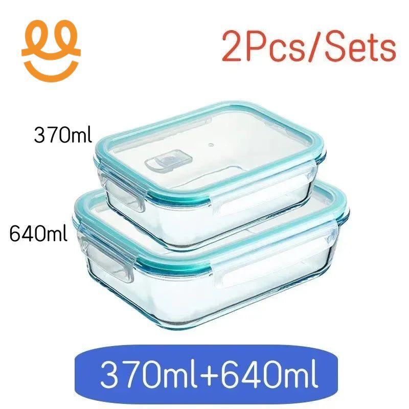 Set of 2 clear glass food storage containers with airtight blue lids, 370ml and 640ml capacity