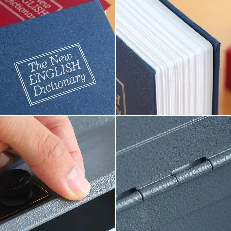 Close-up collage showing The New English Dictionary book with thick pages and a hand opening a textured metal safe door