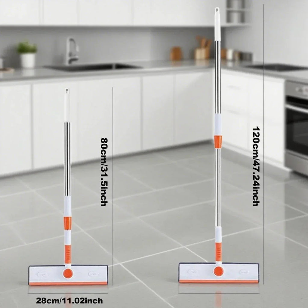 Two adjustable floor squeegees with orange and white handles, shown at 80cm and 120cm height, in a modern kitchen