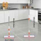Two adjustable floor squeegees with orange and white handles, shown at 80cm and 120cm height, in a modern kitchen
